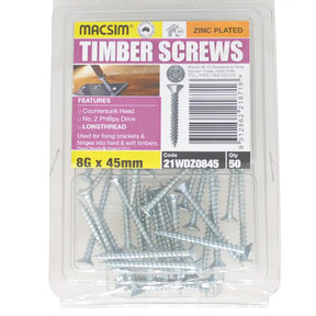 A clear plastic package of MACSIM Zinc Plated Timber Screws, 8G x 45mm, containing 50 screws, with a product label showing features and specifications.