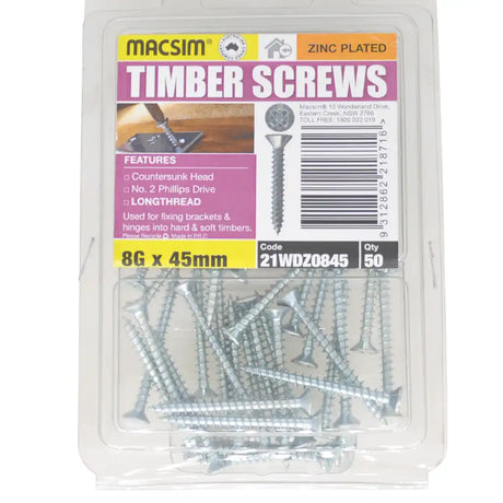 A clear plastic package of MACSIM Zinc Plated Timber Screws, 8G x 45mm, containing 50 screws, with a product label showing features and specifications.
