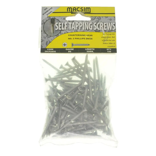 Pack of self-tapping screws with Macsim branding on a white background