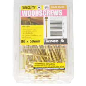 A clear plastic package of Macsim solid brass wood screws, 8G x 50mm, containing 50 pieces. The packaging features a yellow and pink label with product details and a barcode, showing the brass-colored screws inside.