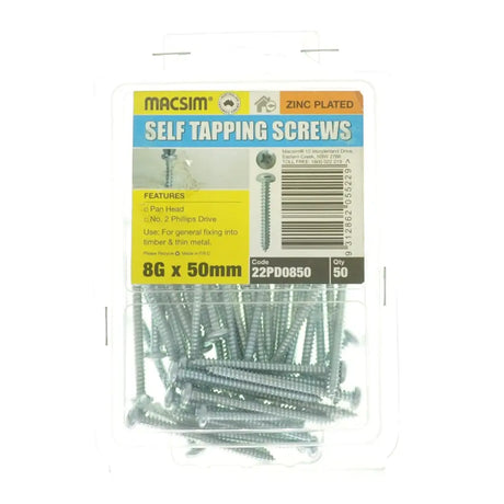 Pack of Macsim self-tapping screws with packaging on a white background