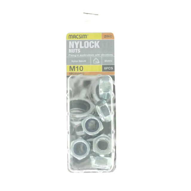 Pack of M10 nylock nuts with packaging on a white background