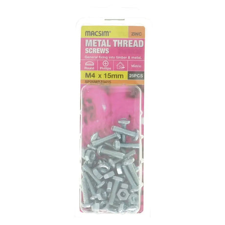 Pack of metal thread screws with packaging on a white background