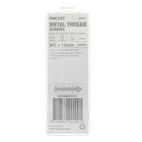 Packaging of Macsim metal thread screws on a white background