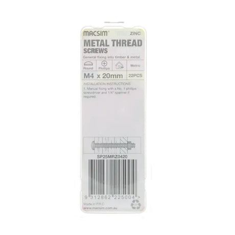 Packaging of metal thread screws with MACSIM branding on a white background