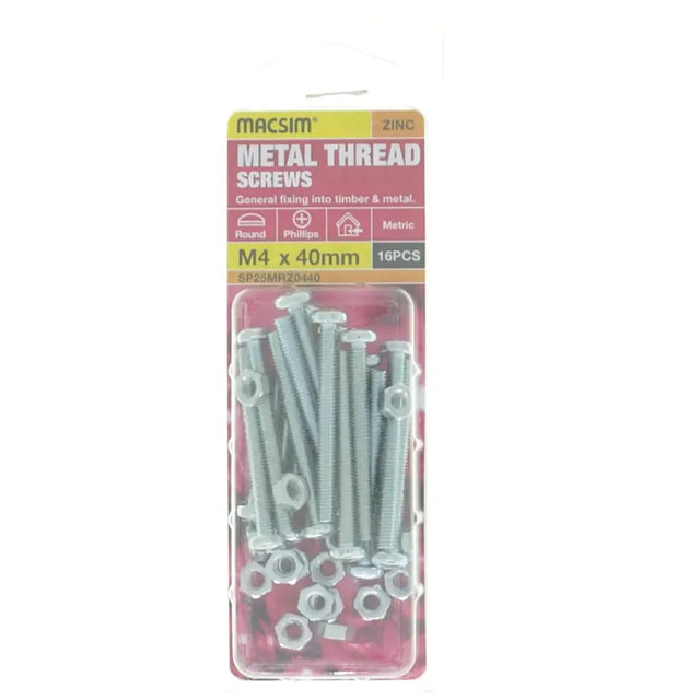 Pack of metal thread screws with packaging on a white background