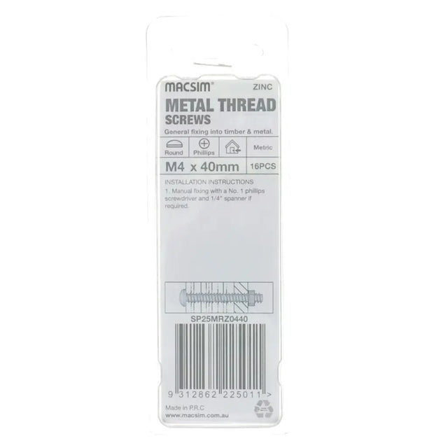 Packaging of Macsim metal thread screws on a white background