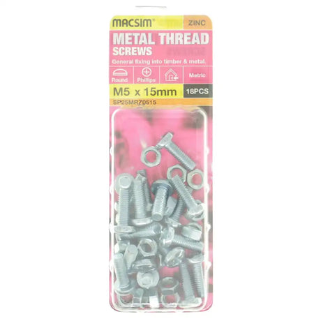 Pack of metal screws with packaging labeled 'Macsim' on a white background