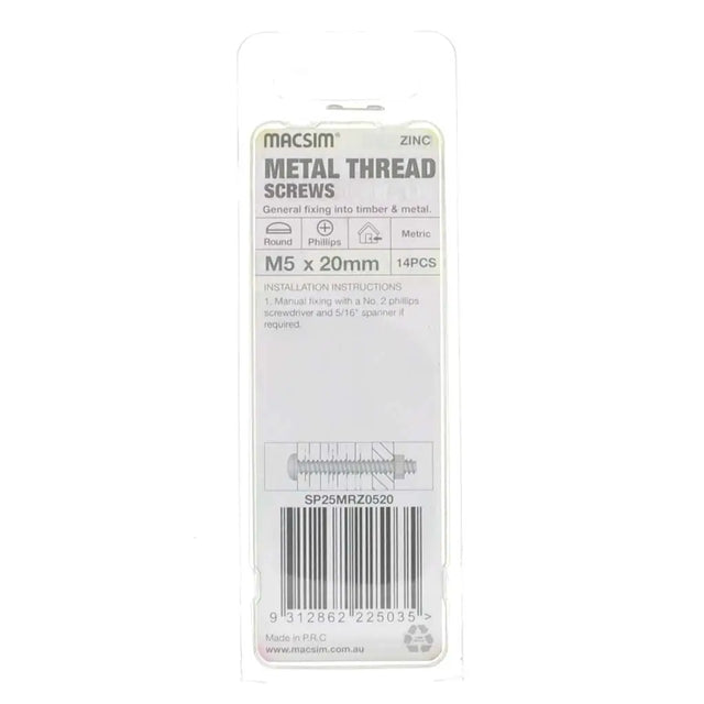 Packaging of Macsim metal thread screws on a white background