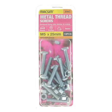 Pack of metal thread screws with packaging displaying brand name and specifications.
