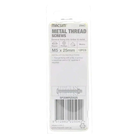 Pack of metal thread screws with packaging on a white background