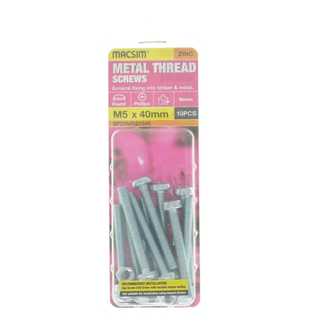 Pack of metal thread screws with packaging displaying brand name and product details.