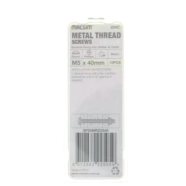Packaging of Macsim metal thread screws with specifications on a white background