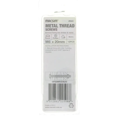Packaging of Macsim metal thread screws on a white background