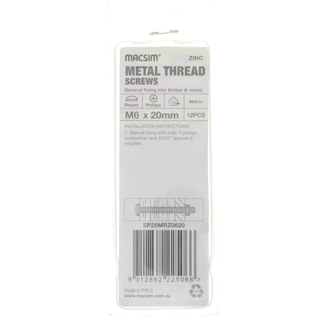 Packaging of Macsim metal thread screws on a white background