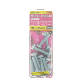 Pack of metal thread screws with packaging on a white background