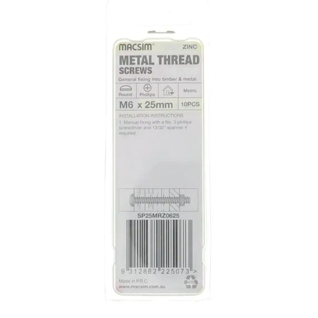 Pack of metal thread screws with packaging on a white background