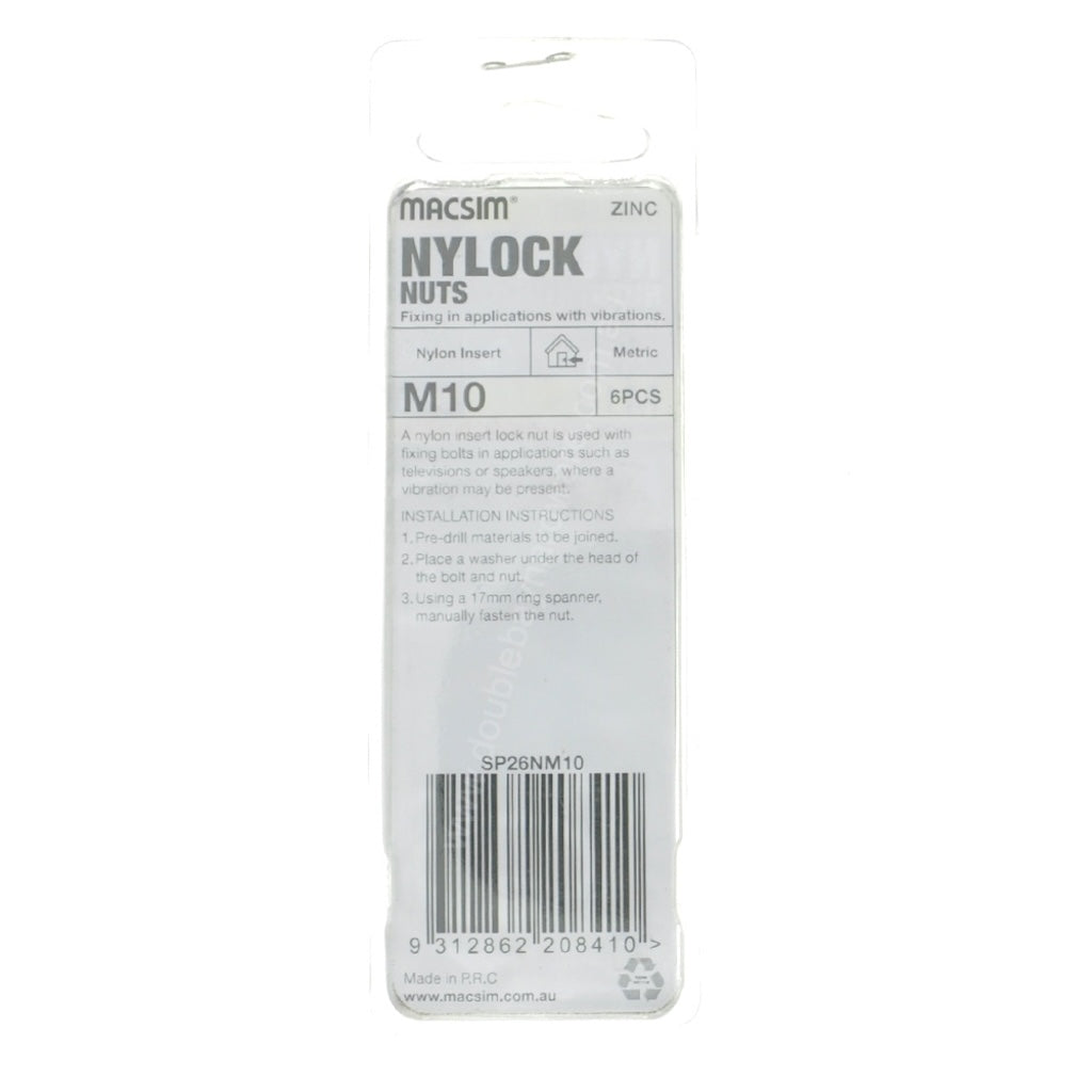 MACSIM NYLOCK Nylon Insert Nut M10 Zinc 6Pcs SP26NM10