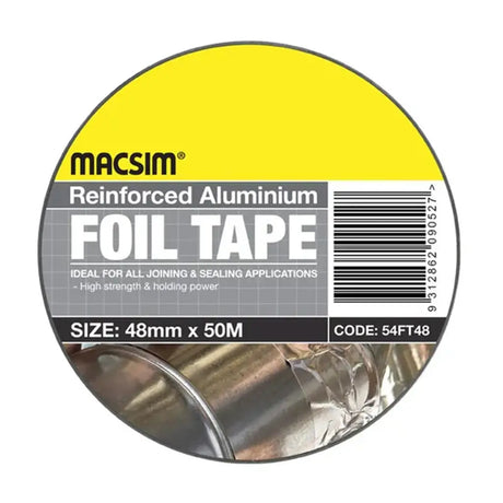 Macsim reinforced aluminium foil tape with yellow label on a white background