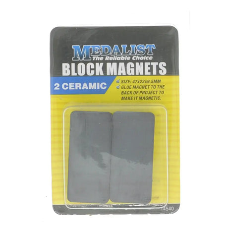 Pack of Medalist block magnets with two ceramic magnets on a yellow and black package.