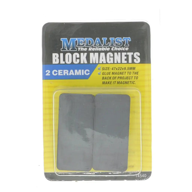 Pack of Medalist block magnets with two ceramic magnets on a yellow and black package.