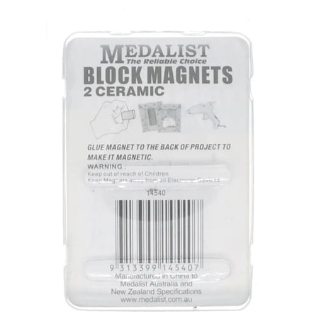Packaging of Medalist block magnets with text and a barcode on a white background