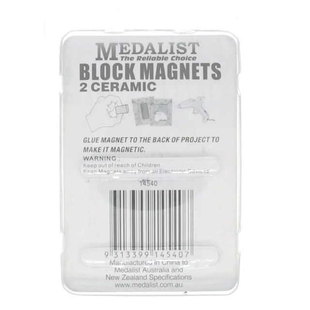 Packaging of Medalist block magnets with text and a barcode on a white background