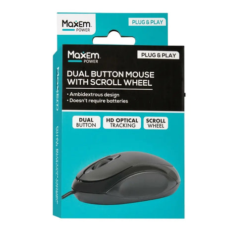 Maxem Power dual button mouse with scroll wheel packaging on a white background