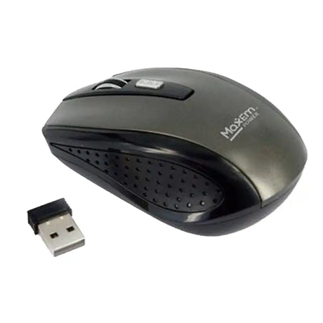 Black computer mouse with USB receiver on a white background, featuring the Maxem brand.