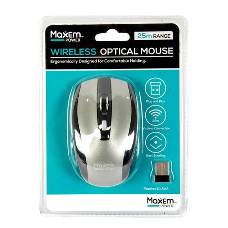 Maxem wireless optical mouse packaging with a silver mouse on a blue background