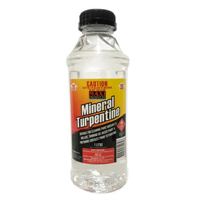 Bottle of mineral turpentine with a warning label on a white background