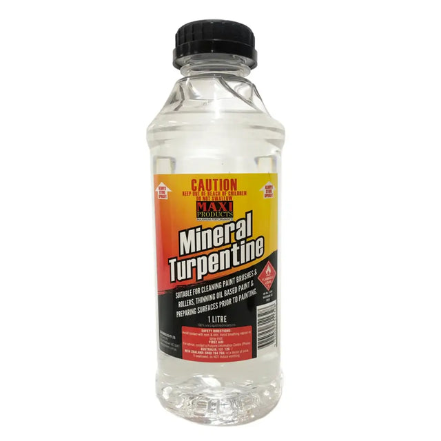Bottle of mineral turpentine with a warning label on a white background
