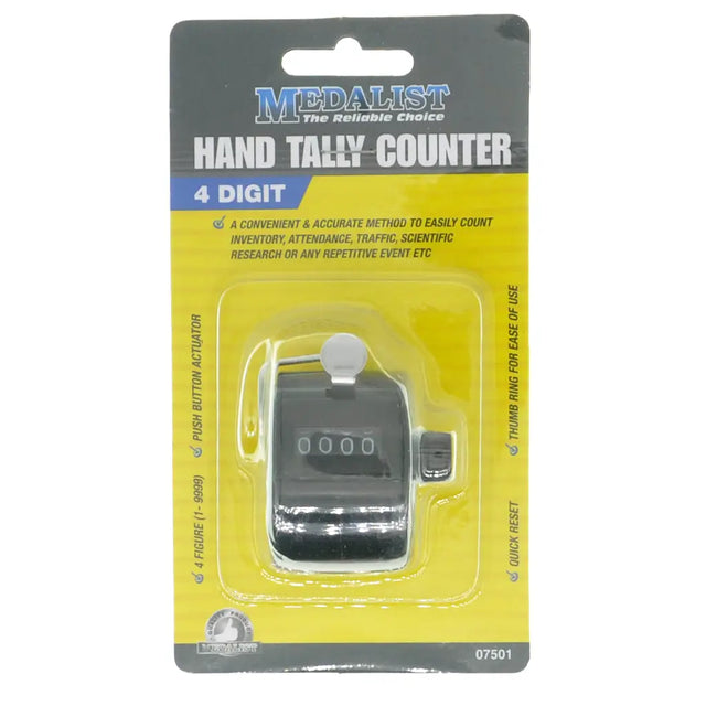 Hand tally counter in packaging with Medalist branding