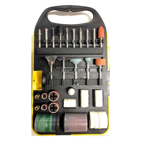 A 24-piece rotary tool bit set in a black and yellow plastic case, featuring various metal bits, sanding discs, and grinding wheels on a white background.