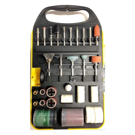 A 24-piece rotary tool bit set in a black and yellow plastic case, featuring various metal bits, sanding discs, and grinding wheels on a white background.