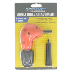 Medalist Angle Drill Attachment in retail blister packaging, featuring a red and black angle drill head with a black extension and a separate black attachment piece on a yellow backing card.