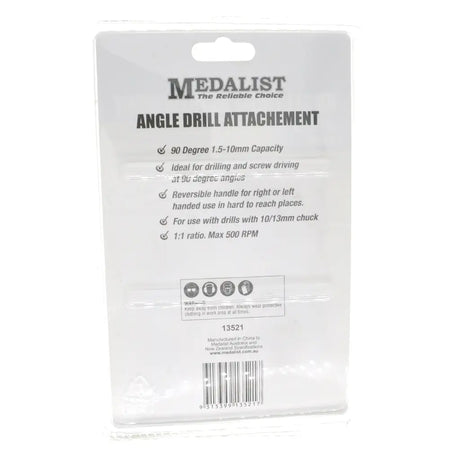 Medalist Angle Drill Attachment in its clear plastic retail packaging, showing product specifications and a barcode on a white background.