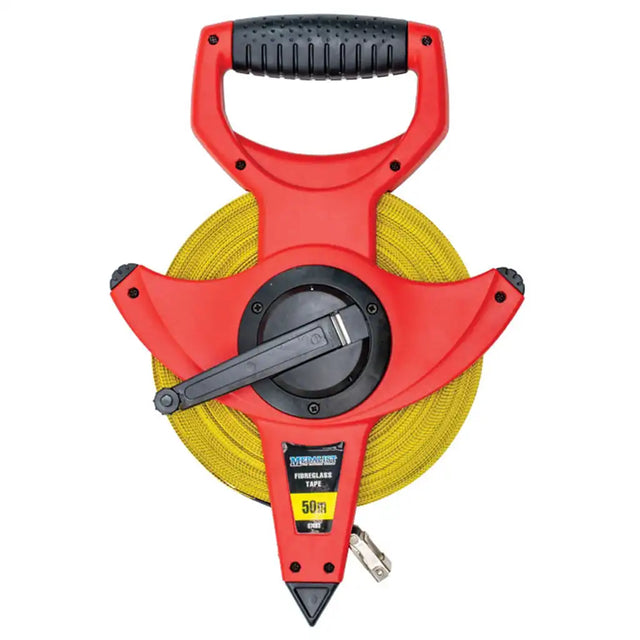 Red and black tape measure with yellow measuring tape on a white background
