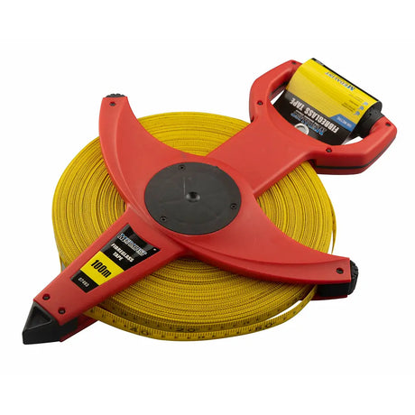Red tape measure with yellow measuring tape on a white background