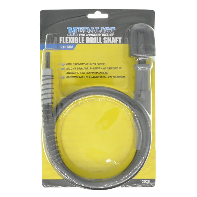 Medalist Flexible Drill Shaft 915 mm in its original retail blister packaging, featuring a yellow and black backing card with a coiled gray and black flexible shaft and a yellow circular component visible through clear plastic.