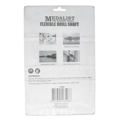 The back of a white retail package for a Medalist Flexible Drill Shaft, showing product name, small usage diagrams, a warning label, and a barcode.