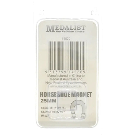 Horseshoe magnet packaging with Medalist branding on a white background