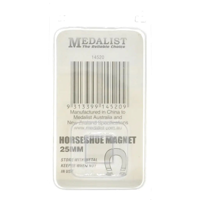 Horseshoe magnet packaging with Medalist branding on a white background