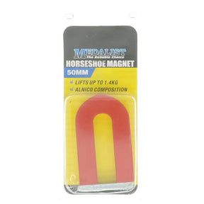 Horseshoe magnet in packaging with Medalist branding on a white background