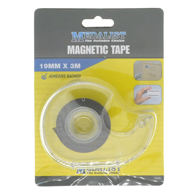 Medalist magnetic tape packaging with clear tape roll on a yellow background