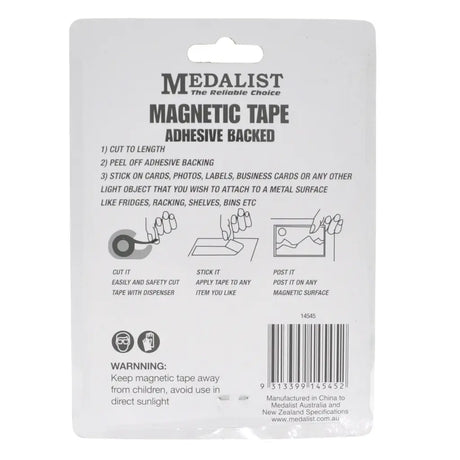 Back of a Medalist magnetic tape packaging with instructions and branding.