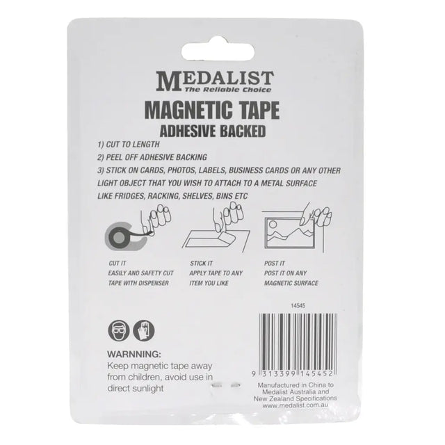 Back of a Medalist magnetic tape packaging with instructions and branding.