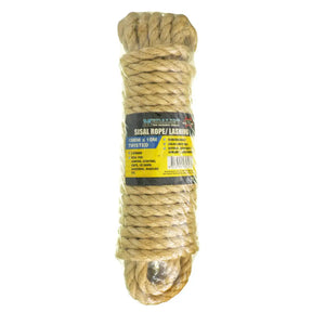Ball of sisal rope with a label on a white background