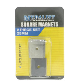 Packaged set of Medalist square magnets with clear plastic window on a white background