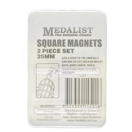 Packaging of Medalist square magnets with text and a diagram on a white background
